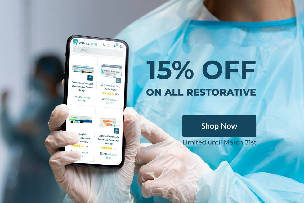  15% off on all restorative dentistry products at wholedent 